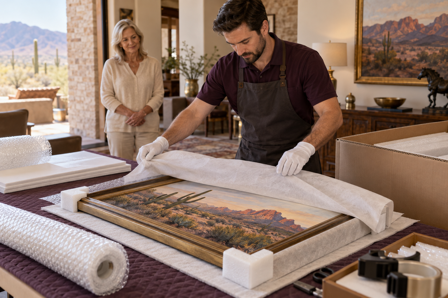 Professional art packer wrapping a framed desert painting with protective materials for approved shipment